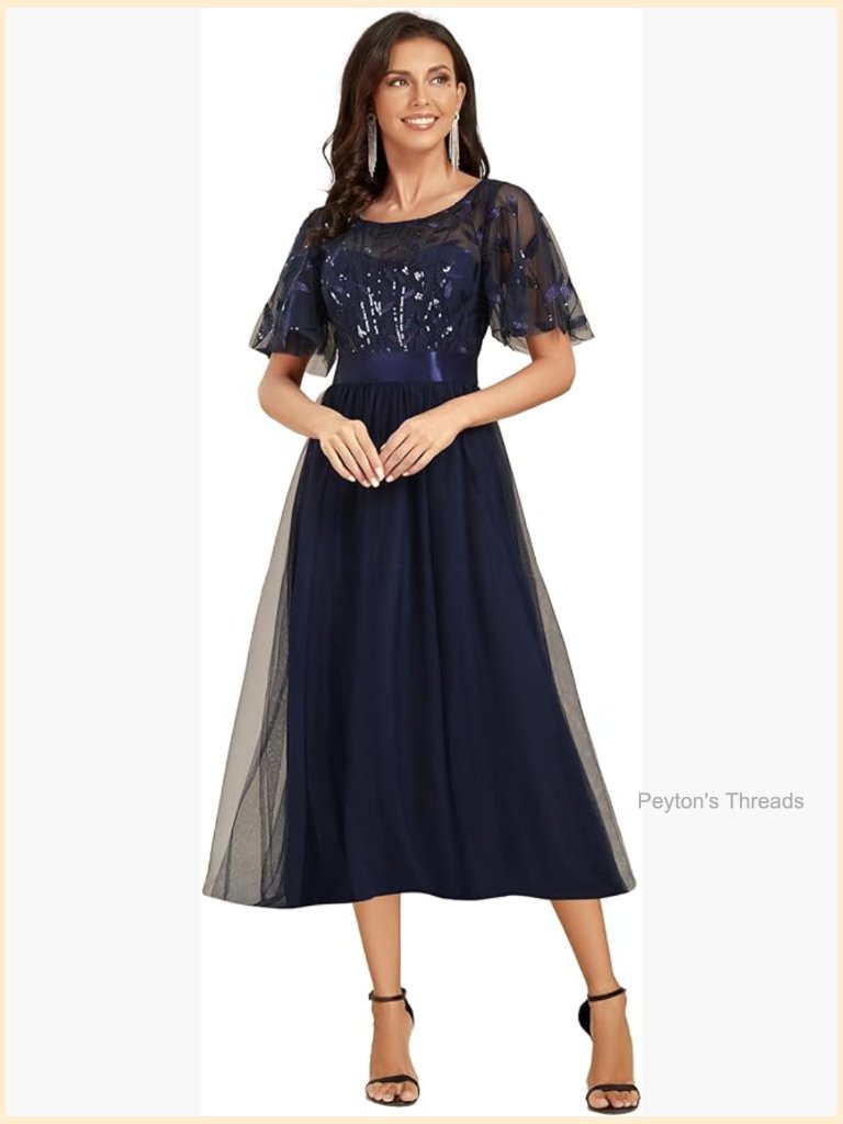 Round Neck Sequin Embroidery Short Sleeve Tulle Midi Wedding Guest Dress